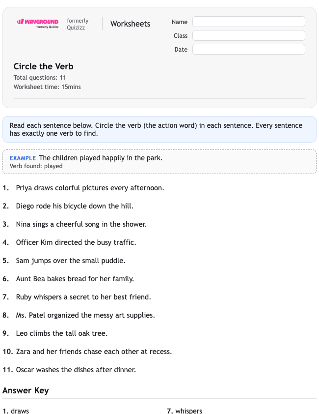 Circle the Verb - Printable Gramatyka Karty-pracy Klasa 2 - Quizizz