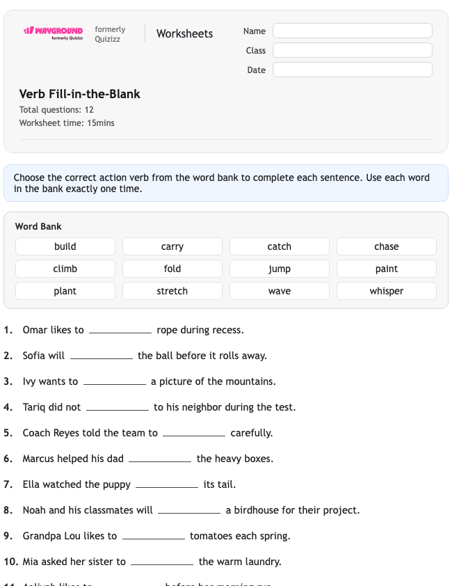 Verb Fill-in-the-Blank - Printable Gramatyka Karty-pracy Klasa 2 - Quizizz