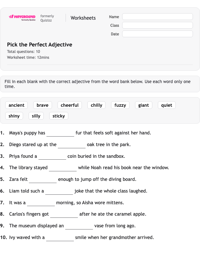 Pick the Perfect Adjective - Printable Gramatyka Karty-pracy Klasa 2 - Quizizz