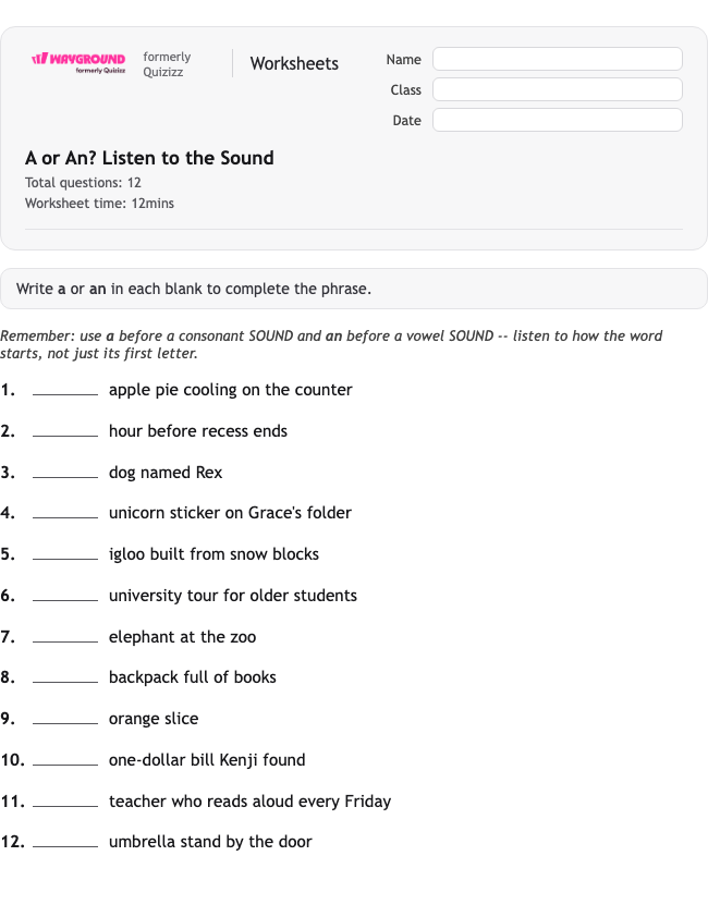 A or An? Listen to the Sound - Printable Gramatyka Karty-pracy Klasa 2 - Quizizz