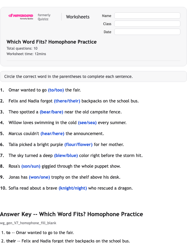 Which Word Fits? Homophone Practice - Printable Gramatyka Karty-pracy Klasa 2 - Quizizz