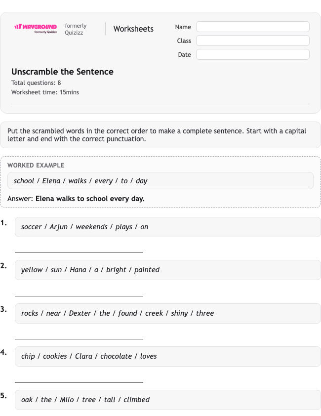 Unscramble the Sentence - Printable Gramatyka Karty-pracy Klasa 2 - Quizizz