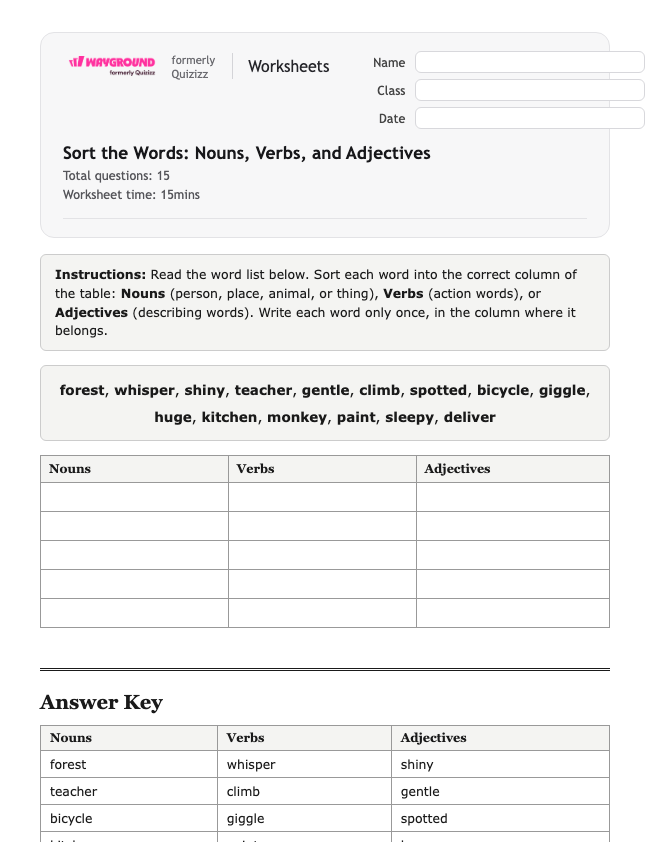 Sort the Words: Nouns, Verbs, and Adjectives - Printable Gramatyka Karty-pracy Klasa 2 - Quizizz