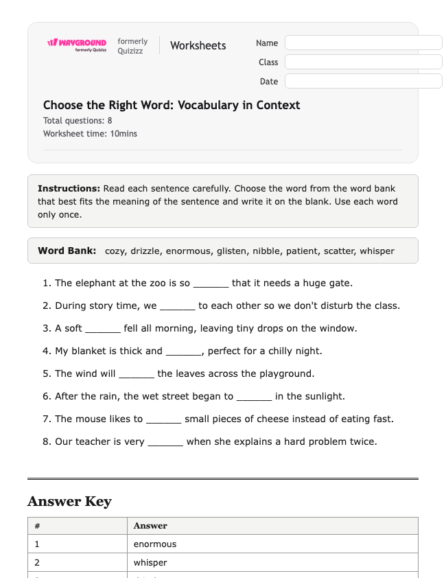 Choose the Right Word: Vocabulary in Context - Printable Gramatyka Karty-pracy Klasa 2 - Quizizz