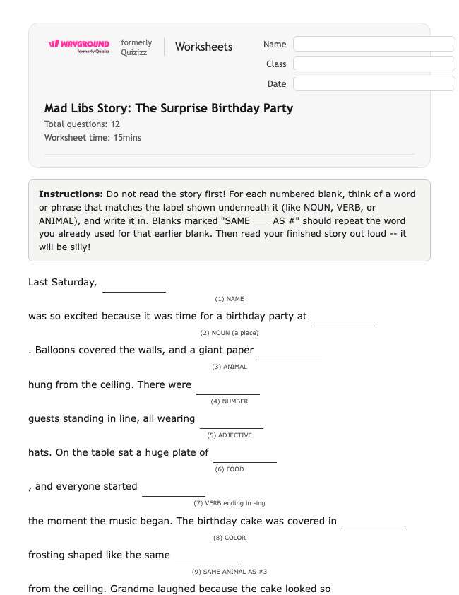 Mad Libs Story: The Surprise Birthday Party - Printable Gramatyka Karty-pracy Klasa 2 - Quizizz