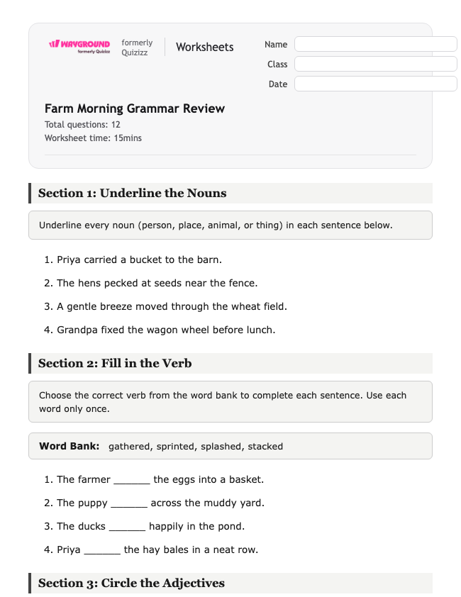 Farm Morning Grammar Review - Printable Gramatyka Karty-pracy Klasa 2 - Quizizz