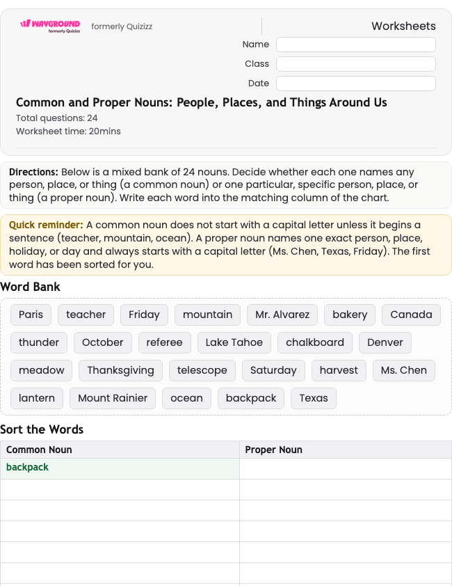 Common and Proper Nouns: People, Places, and Things Around Us - พิมพ์ได้ ไวยากรณ์ เวิร์กชีท ระดับ 3 - Wayground