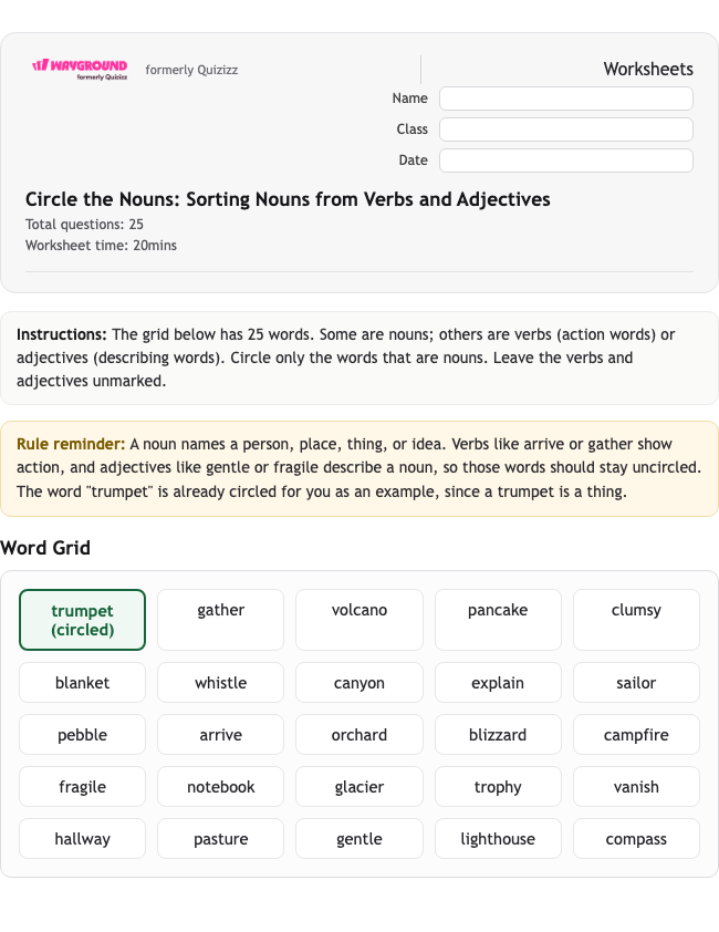 Circle the Nouns: Sorting Nouns from Verbs and Adjectives - พิมพ์ได้ ไวยากรณ์ เวิร์กชีท ระดับ 3 - Wayground