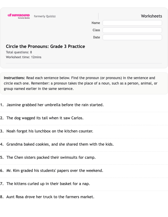 Circle the Pronouns: Grade 3 Practice - พิมพ์ได้ ไวยากรณ์ เวิร์กชีท ระดับ 3 - Wayground