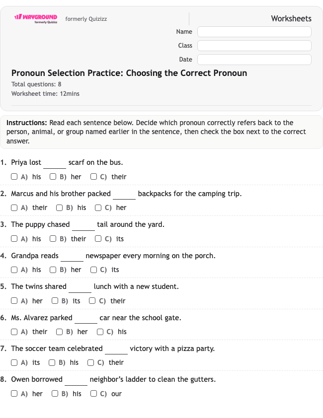 Pronoun Selection Practice: Choosing the Correct Pronoun - พิมพ์ได้ ไวยากรณ์ เวิร์กชีท ระดับ 3 - Wayground