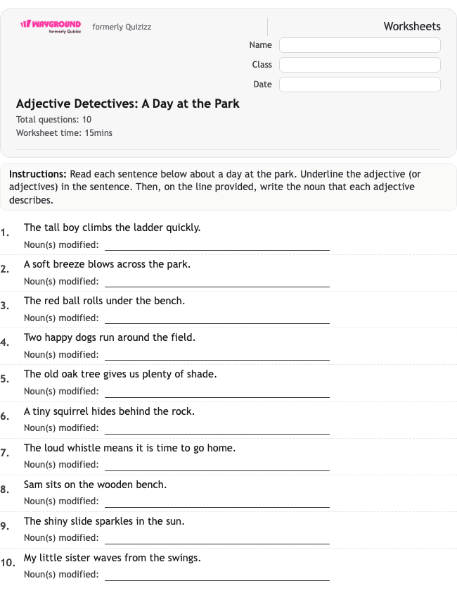 Adjective Detectives: A Day at the Park - พิมพ์ได้ ไวยากรณ์ เวิร์กชีท ระดับ 3 - Wayground