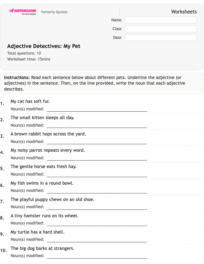 Adjective Detectives: My Pet - พิมพ์ได้ ไวยากรณ์ เวิร์กชีท ระดับ 3 - Wayground