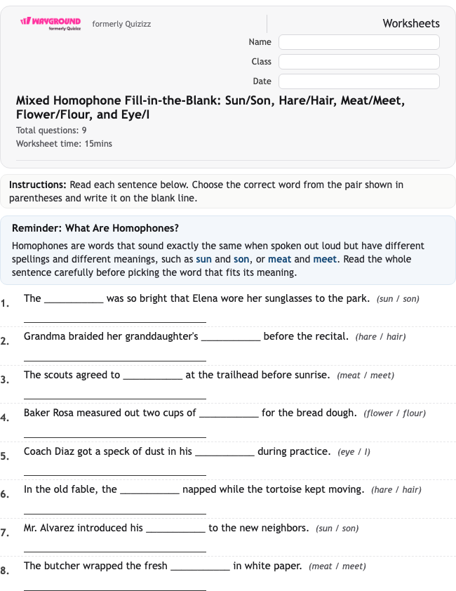 Mixed Homophone Fill-in-the-Blank: Sun/Son, Hare/Hair, Meat/Meet, Flower/Flour, and Eye/I - พิมพ์ได้ ไวยากรณ์ เวิร์กชีท ระดับ 3 - Wayground