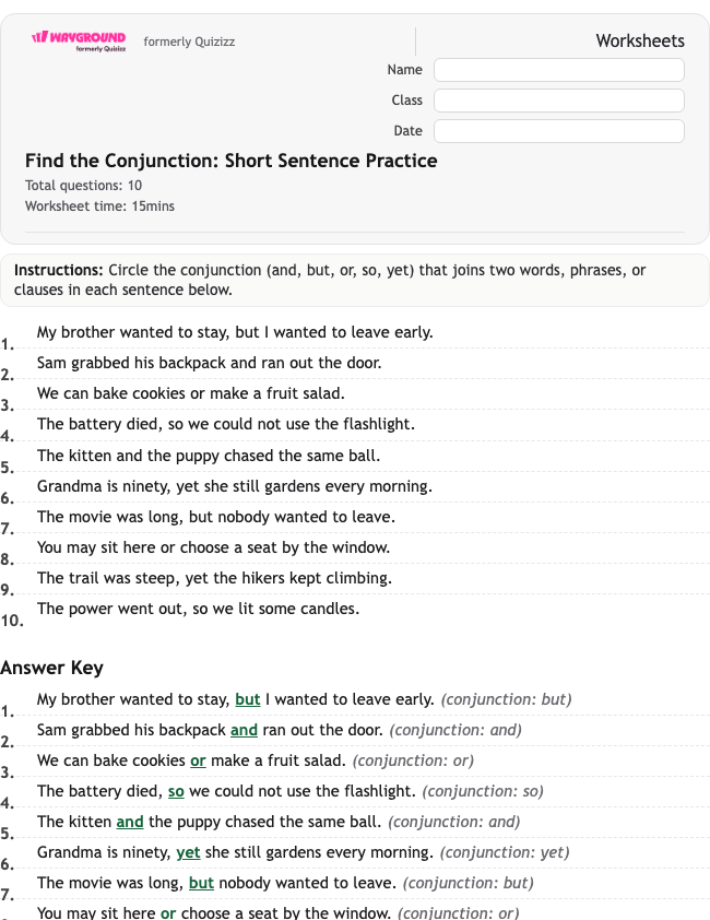 Find the Conjunction: Short Sentence Practice - พิมพ์ได้ ไวยากรณ์ เวิร์กชีท ระดับ 3 - Wayground