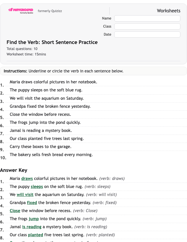 Find the Verb: Short Sentence Practice - พิมพ์ได้ ไวยากรณ์ เวิร์กชีท ระดับ 3 - Wayground