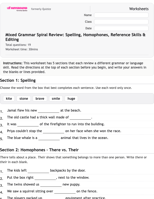 Mixed Grammar Spiral Review: Spelling, Homophones, Reference Skills & Editing - พิมพ์ได้ ไวยากรณ์ เวิร์กชีท ระดับ 3 - Wayground