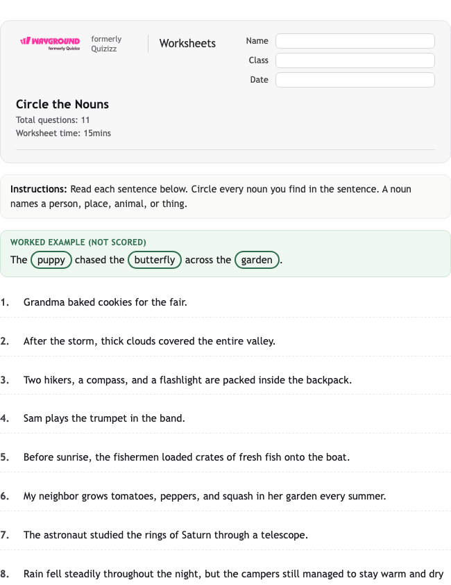 Circle the Nouns - Nadający się do druku Gramatyka Karty-pracy Klasa 4 - Wayground