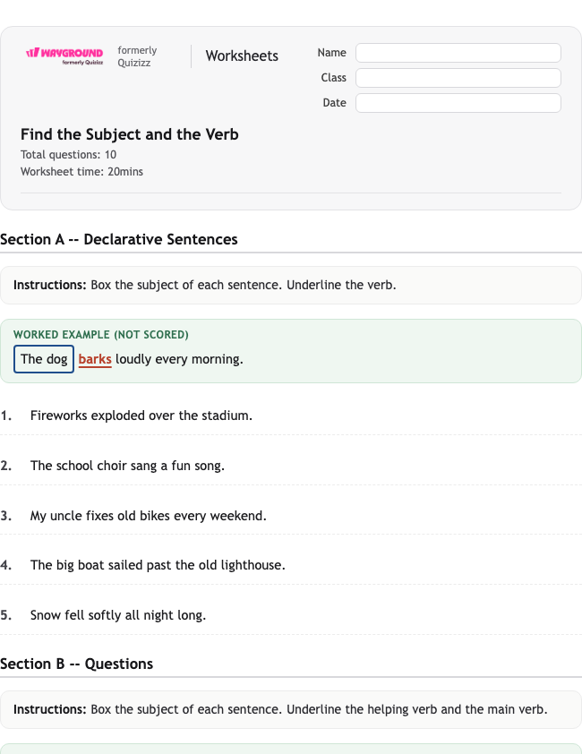 Find the Subject and the Verb - Nadający się do druku Gramatyka Karty-pracy Klasa 4 - Wayground