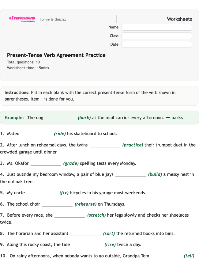 Present-Tense Verb Agreement Practice - Nadający się do druku Gramatyka Karty-pracy Klasa 4 - Wayground