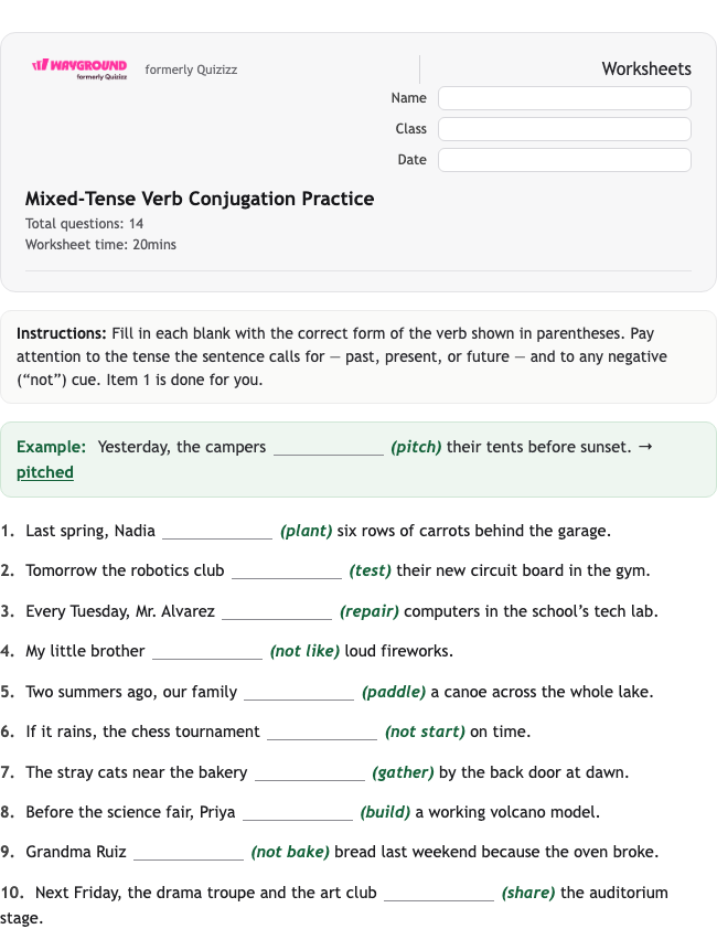 Mixed-Tense Verb Conjugation Practice - Nadający się do druku Gramatyka Karty-pracy Klasa 4 - Wayground