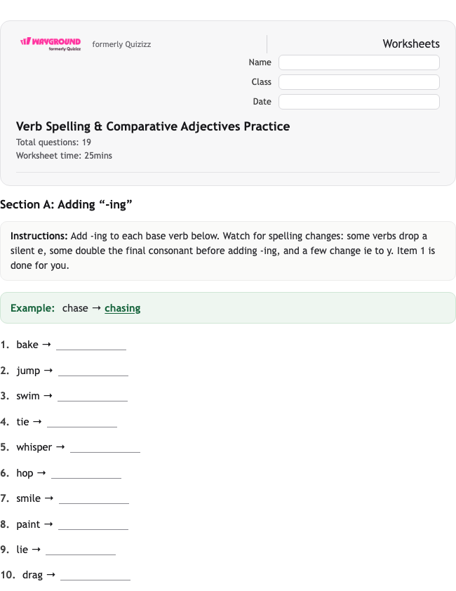 Verb Spelling & Comparative Adjectives Practice - Nadający się do druku Gramatyka Karty-pracy Klasa 4 - Wayground