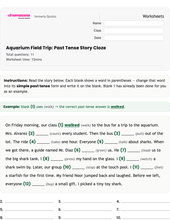 Aquarium Field Trip: Past Tense Story Cloze - Nadający się do druku Gramatyka Karty-pracy Klasa 4 - Wayground