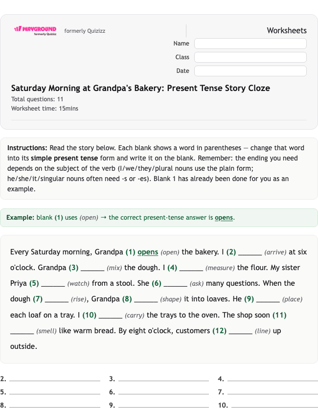 Saturday Morning at Grandpa's Bakery: Present Tense Story Cloze - Nadający się do druku Gramatyka Karty-pracy Klasa 4 - Wayground