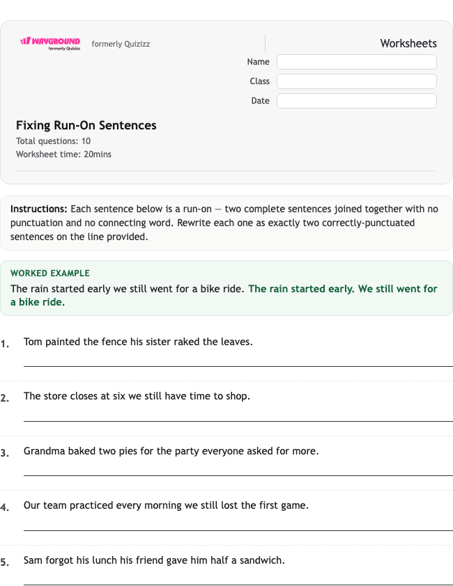 Fixing Run-On Sentences - Nadający się do druku Gramatyka Karty-pracy Klasa 4 - Wayground