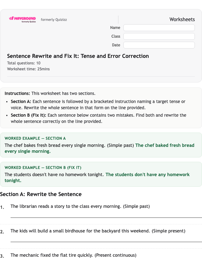 Sentence Rewrite and Fix It: Tense and Error Correction - Nadający się do druku Gramatyka Karty-pracy Klasa 4 - Wayground