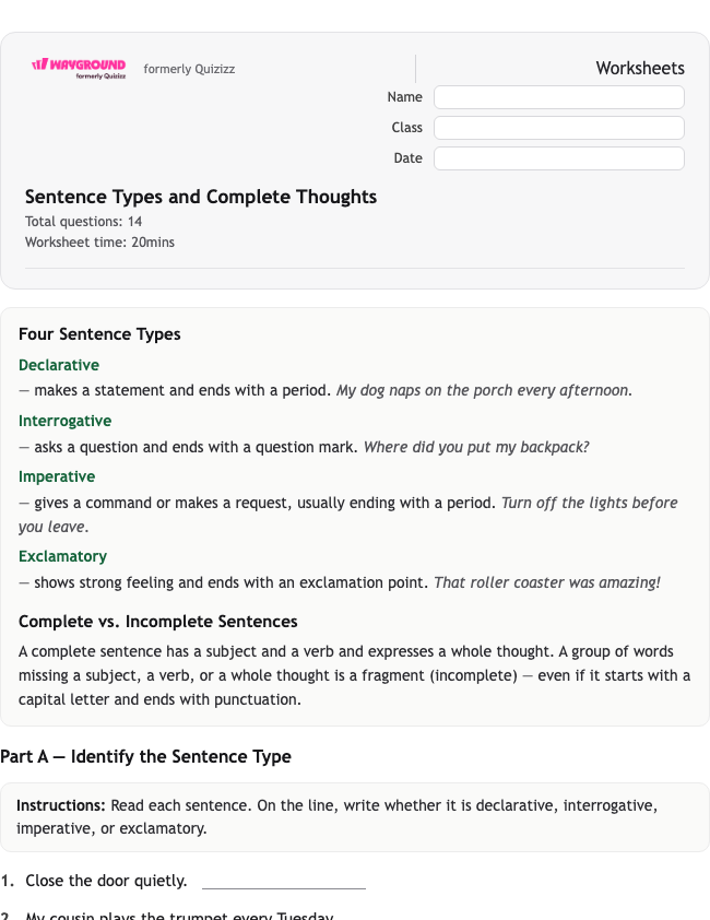 Sentence Types and Complete Thoughts - Nadający się do druku Gramatyka Karty-pracy Klasa 4 - Wayground