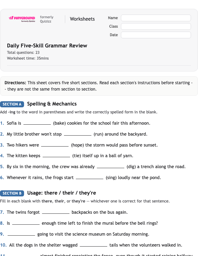 Daily Five-Skill Grammar Review - Nadający się do druku Gramatyka Karty-pracy Klasa 4 - Wayground
