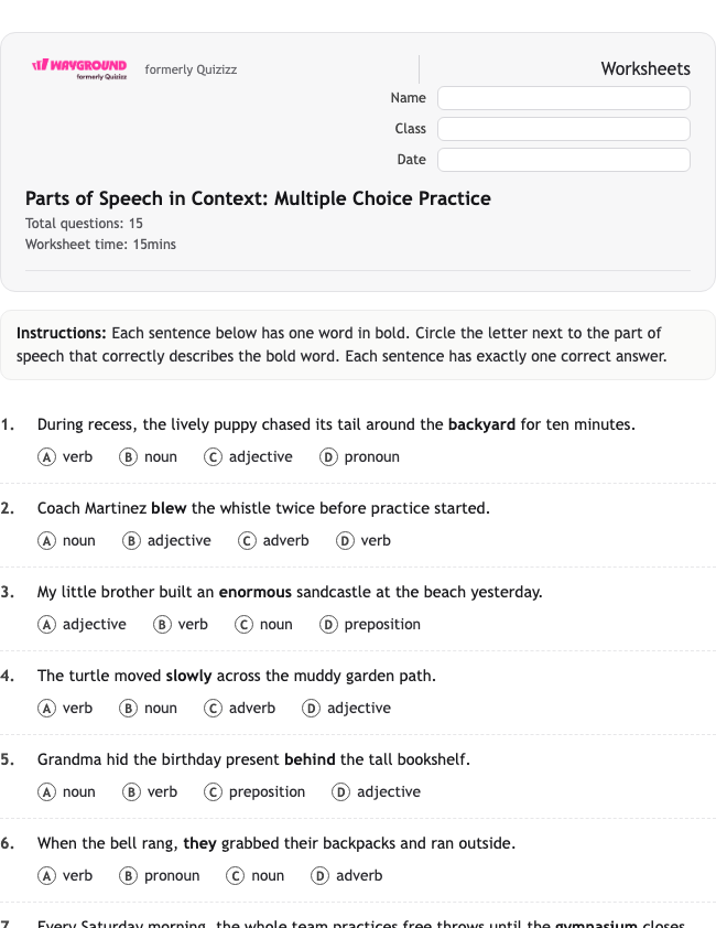 Parts of Speech in Context: Multiple Choice Practice - Printable ไวยากรณ์ เวิร์กชีท ระดับ 5 - Wayground