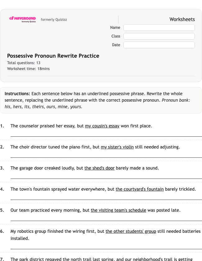 Possessive Pronoun Rewrite Practice - Printable ไวยากรณ์ เวิร์กชีท ระดับ 5 - Wayground