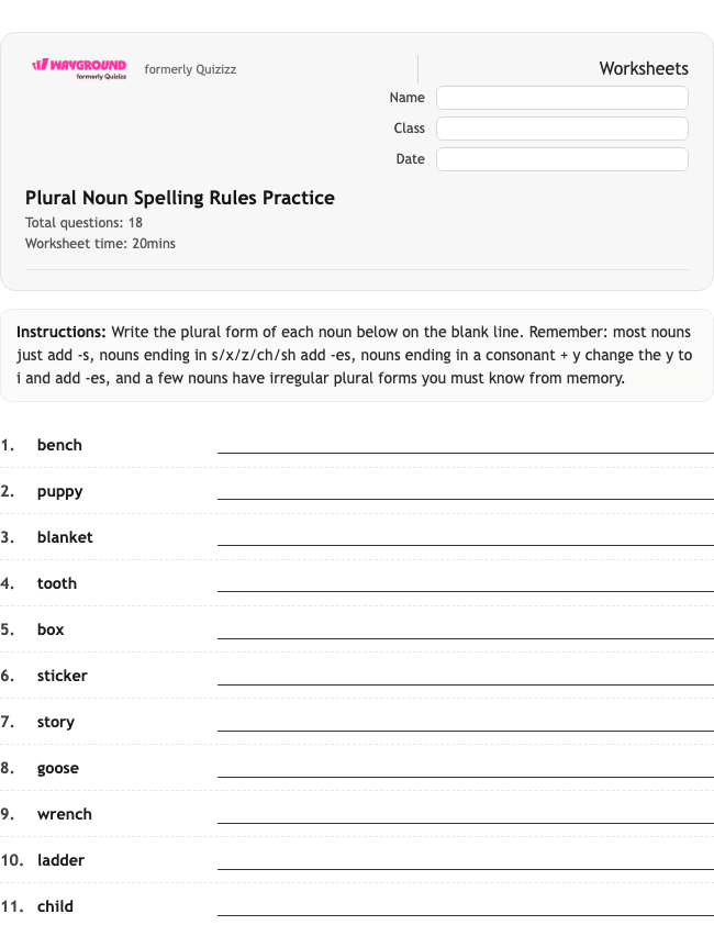 Plural Noun Spelling Rules Practice - Printable ไวยากรณ์ เวิร์กชีท ระดับ 5 - Wayground