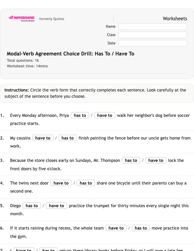 Modal-Verb Agreement Choice Drill: Has To / Have To - Printable ไวยากรณ์ เวิร์กชีท ระดับ 5 - Wayground