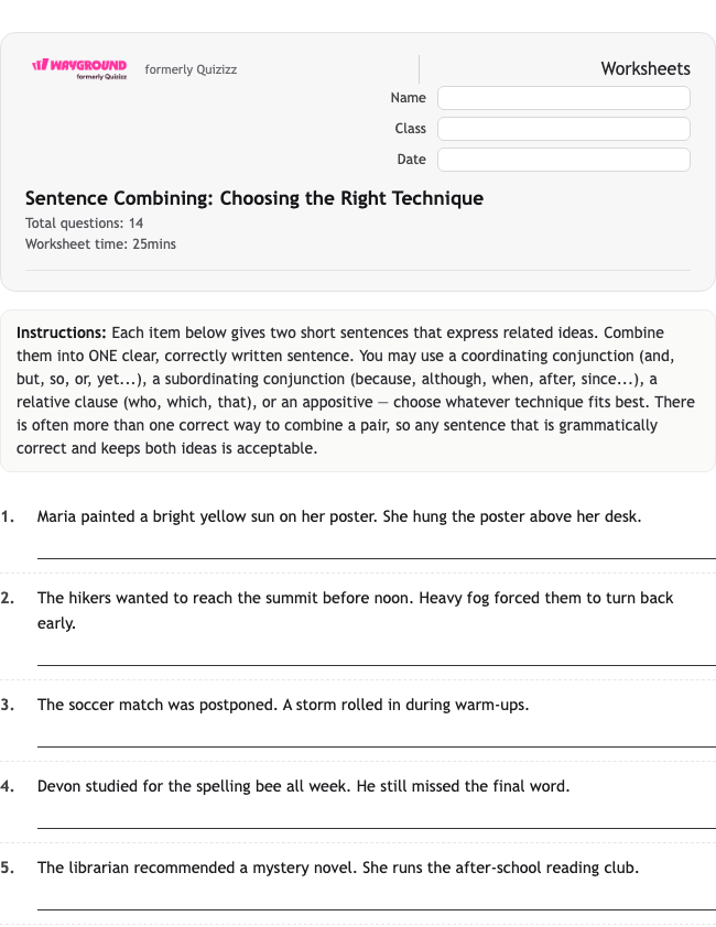 Sentence Combining: Choosing the Right Technique - Printable ไวยากรณ์ เวิร์กชีท ระดับ 5 - Wayground