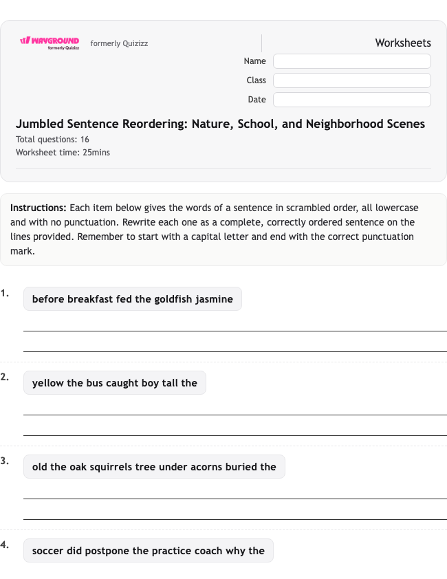Jumbled Sentence Reordering: Nature, School, and Neighborhood Scenes - Printable ไวยากรณ์ เวิร์กชีท ระดับ 5 - Wayground