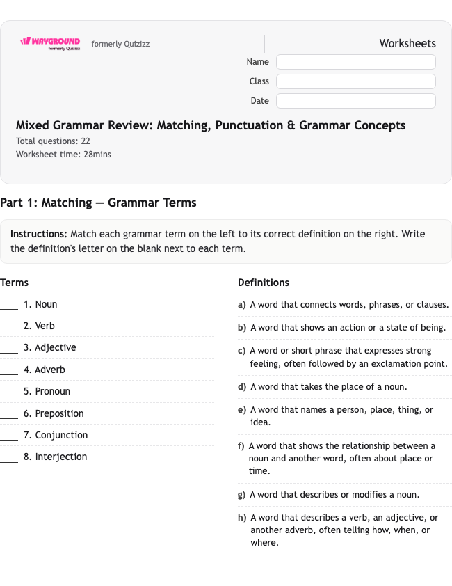 Mixed Grammar Review: Matching, Punctuation & Grammar Concepts - Printable ไวยากรณ์ เวิร์กชีท ระดับ 5 - Wayground