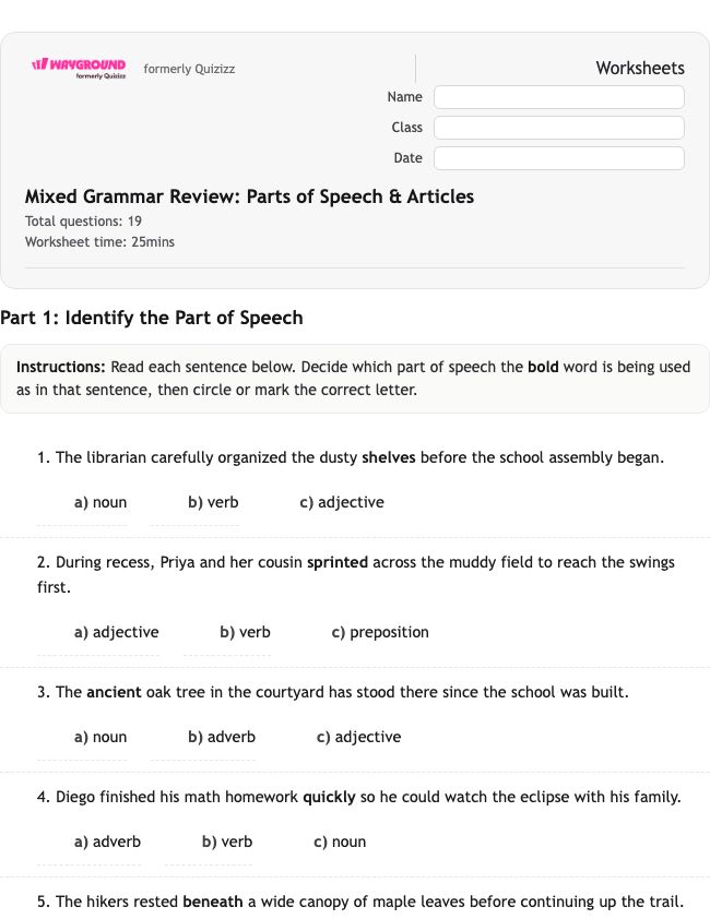 Mixed Grammar Review: Parts of Speech & Articles - Printable ไวยากรณ์ เวิร์กชีท ระดับ 5 - Wayground