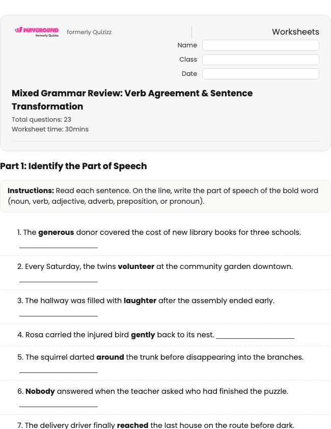 Mixed Grammar Review: Verb Agreement & Sentence Transformation - Printable ไวยากรณ์ เวิร์กชีท ระดับ 5 - Wayground