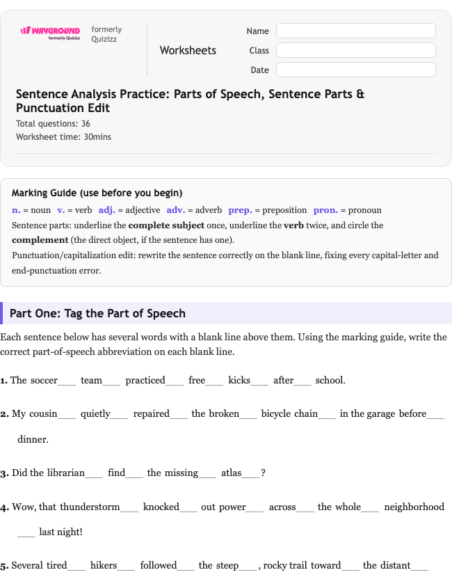 Sentence Analysis Practice: Parts of Speech, Sentence Parts & Punctuation Edit - Nadający się do druku Gramatyka Karty-pracy Klasa 6 - Quizizz