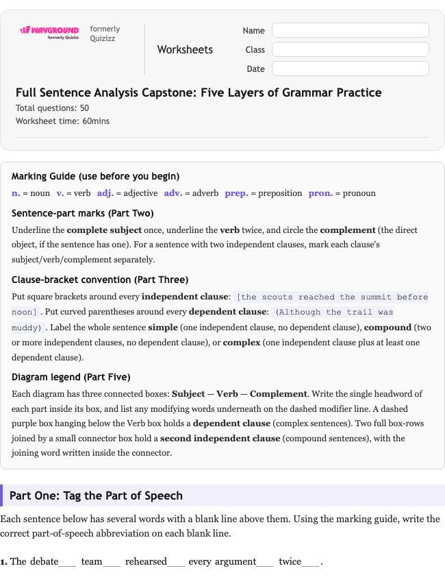 Full Sentence Analysis Capstone: Five Layers of Grammar Practice - Nadający się do druku Gramatyka Karty-pracy Klasa 6 - Quizizz