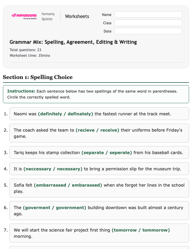 Grammar Mix: Spelling, Agreement, Editing & Writing - Nadający się do druku Gramatyka Karty-pracy Klasa 6 - Quizizz