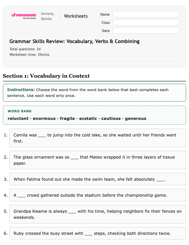 Grammar Skills Review: Vocabulary, Verbs & Combining - Nadający się do druku Gramatyka Karty-pracy Klasa 6 - Quizizz