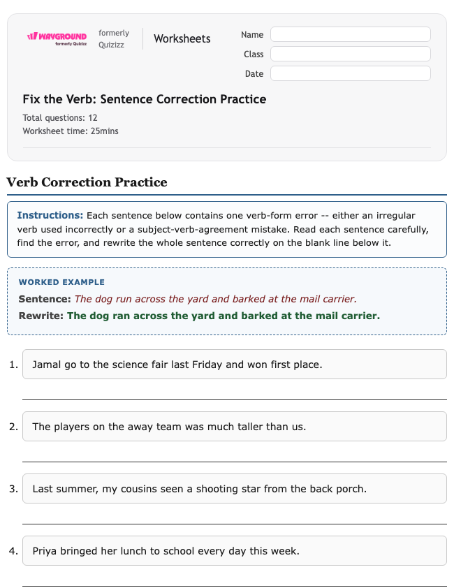 Fix the Verb: Sentence Correction Practice - Nadający się do druku Gramatyka Karty-pracy Klasa 6 - Quizizz