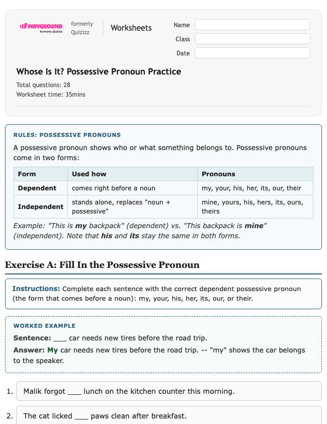 Whose Is It? Possessive Pronoun Practice - Nadający się do druku Gramatyka Karty-pracy Klasa 6 - Quizizz