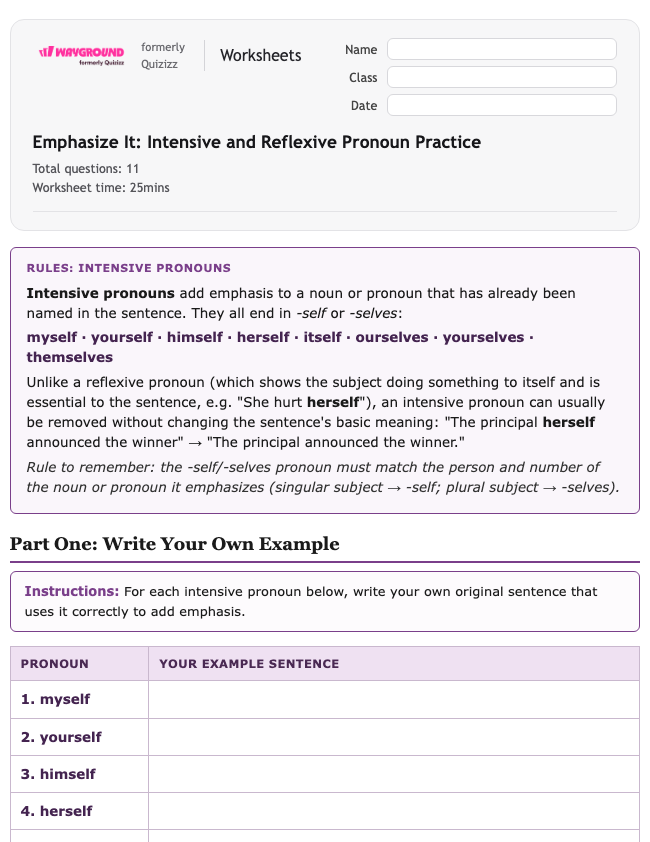 Emphasize It: Intensive and Reflexive Pronoun Practice - Nadający się do druku Gramatyka Karty-pracy Klasa 6 - Quizizz