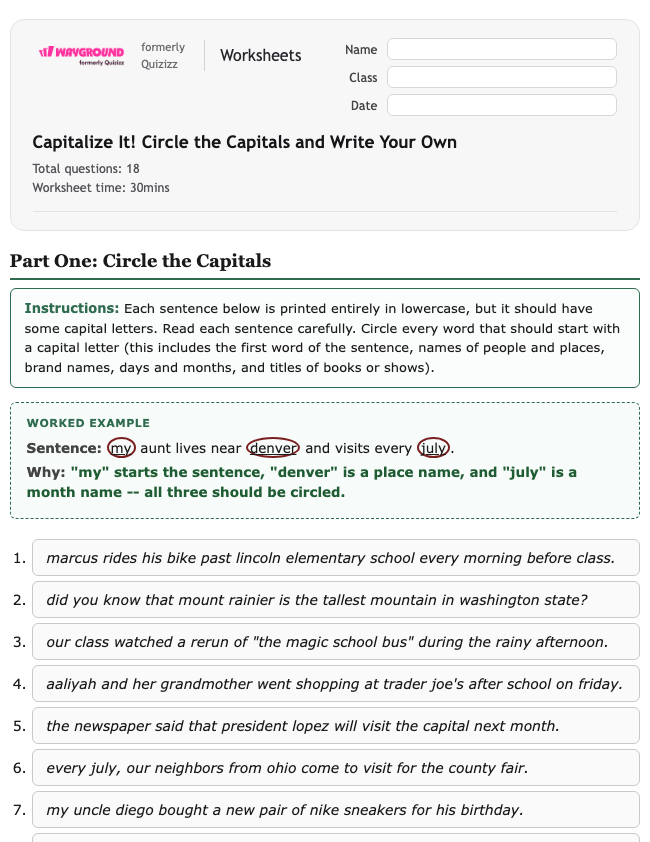 Capitalize It! Circle the Capitals and Write Your Own - Nadający się do druku Gramatyka Karty-pracy Klasa 6 - Quizizz