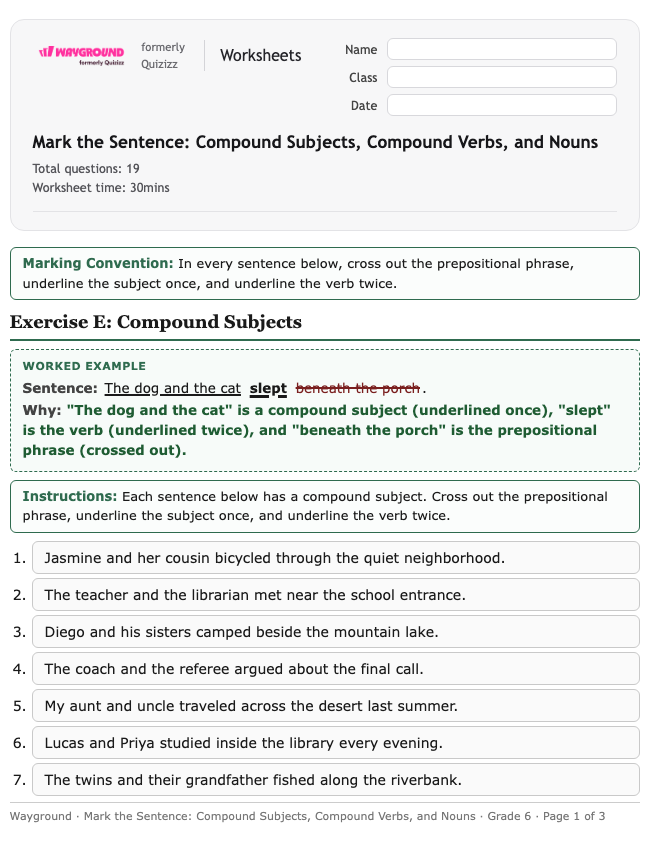 Mark the Sentence: Compound Subjects, Compound Verbs, and Nouns - Nadający się do druku Gramatyka Karty-pracy Klasa 6 - Quizizz