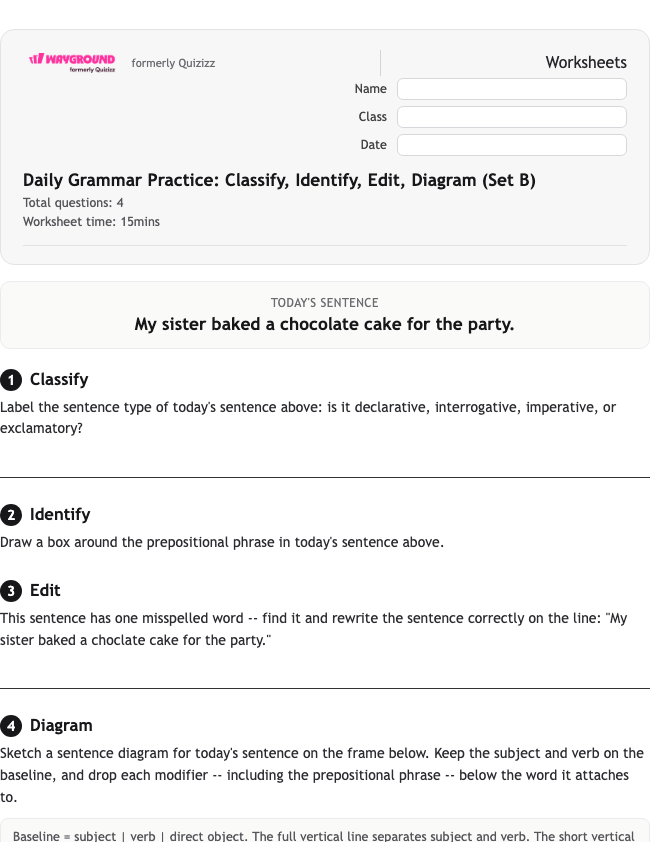 Daily Grammar Practice: Classify, Identify, Edit, Diagram (Set B) - พิมพ์ได้ ไวยากรณ์ เวิร์กชีท ระดับ 7 - Wayground